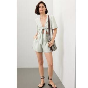 Thakoon Collective Women's Mint Tie Waist Cap Sleeves Plunge Neck Romper Size 10
